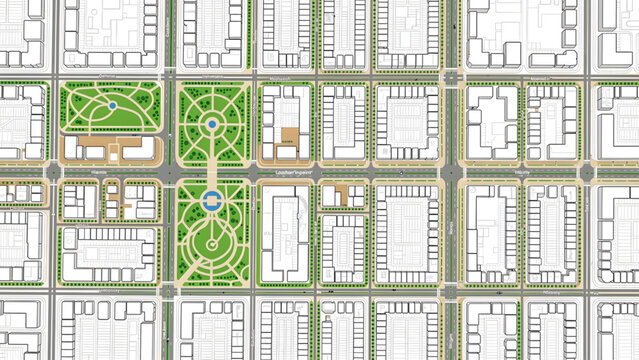 detailed city map with green parks grid layout streets and urban planning design