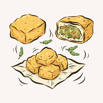 Cartoon Indonesian Tofu Stuffed with Vegetables Tahu Isi Whole Cut and Stacked on Paper with Chili Doodle Illustration