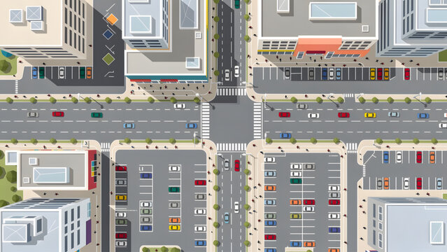 top view city intersection with roads buildings cars and pedestrian crosswalks in daytime