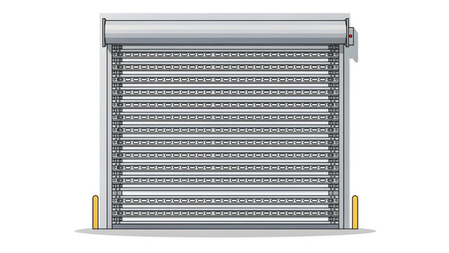 industrial gray metal roller shutter door closed with protective yellow posts