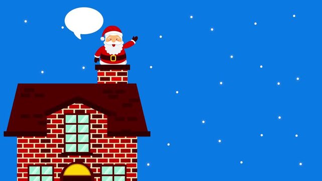 Santa claus waving from a house chimney next to an empty text speech bubble during snowfall.