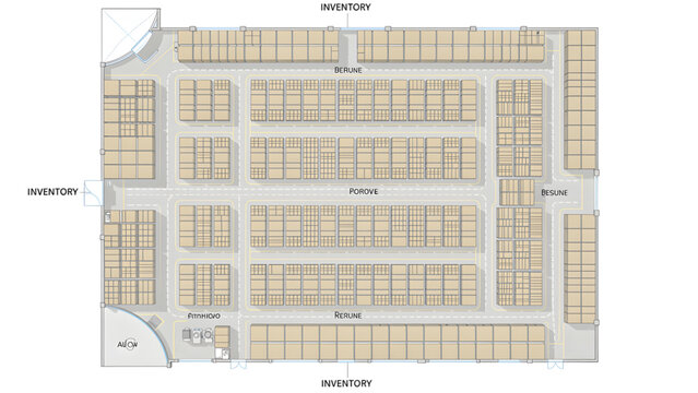 organized inventory warehouse with stacked boxes aisles and shelves in beige tones