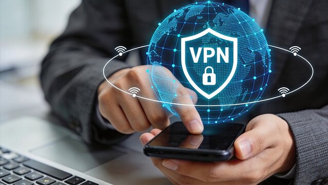 Cyber security and data protection concept with VPN shield icon on digital globe, secure internet connection and privacy encryption technology on smartphone screen for safe online
