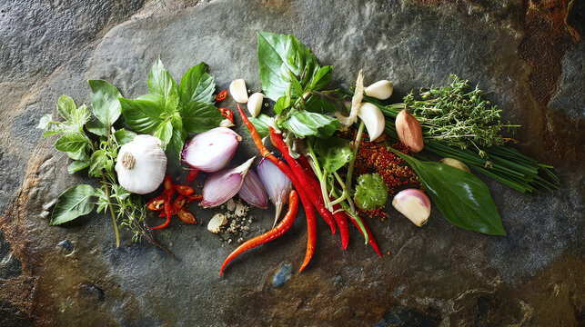 spice. Assortment of fresh Asian ingredients displayed on a rustic stone surface, captured from above. menu design, packaging mockups, designed for culinary blogs and recipe cards for restaurants.
