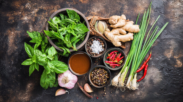 spice. Assortment of fresh Asian ingredients displayed on a rustic stone surface, captured from above. menu design, packaging mockups, designed for culinary blogs and recipe cards for restaurants.
