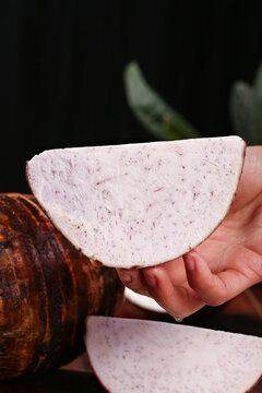 Fresh Lipu Taro Slice from Guangxi China - Purple Speckled Vegetarian Root Vegetable in Hand