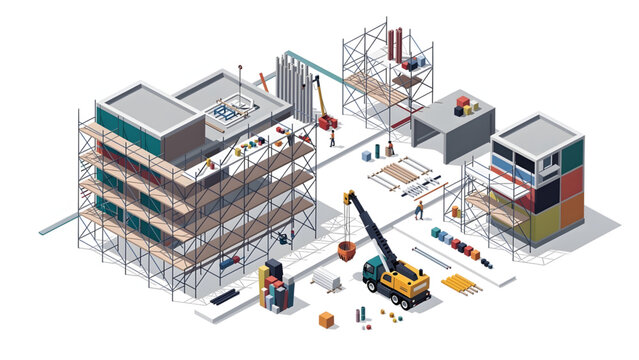 construction site with scaffolding yellow crane modular building gray and orange panels