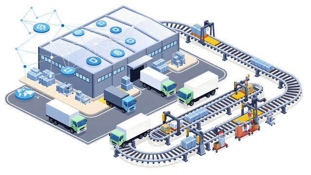 modern factory with conveyor belts trucks loading cargo in blue gray tones
