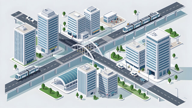 modern cityscape with tall white buildings road bridge green trees and public transport urban life