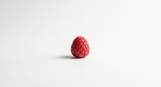 A single ripe raspberry sits on a clean white surface indoors.
