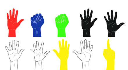 Fototapeta premium Diverse Hands Raised, Different Colors and Gestures, Teamwork Concept
