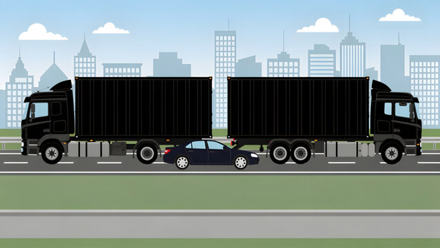black articulated cargo truck with trailer and car on city highway urban skyline