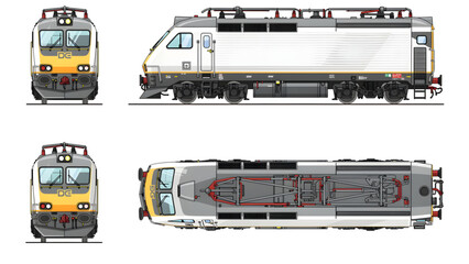 modern white and yellow electric locomotive train front side top view isolated © Sigaling Lin