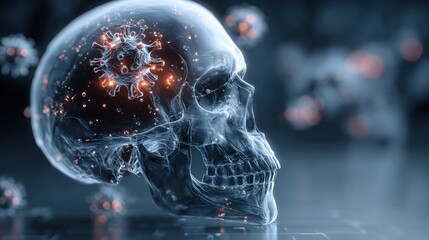 Obraz premium Abstract representation of a transparent skull with COVID-19 virus particles inside and around it