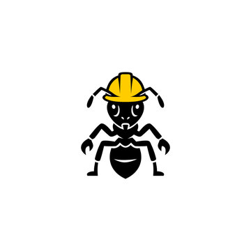A clean vector illustration of a hard-working ant wearing a yellow construction safety helmet isolated on white background