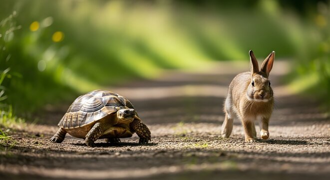 The Fabled Race Between the Hare and the Tortoise Depicted in Vivid Detail on a Sunlit Woodland Path