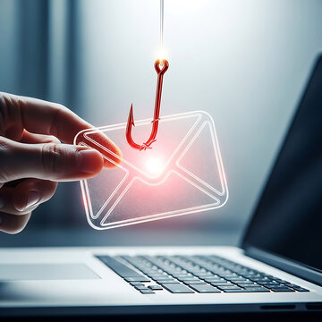 Hand holding email hooked by fishing lure over laptop