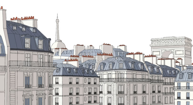 Parisian Rooftops Skyline with Eiffel Tower and Arc de Triomphe Sketch