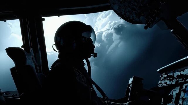 Navigating the Storm: A pilot's silhouette inside a cockpit, gazing toward a dramatic sky with storm clouds, embodies the spirit of courage and skill against the elements.