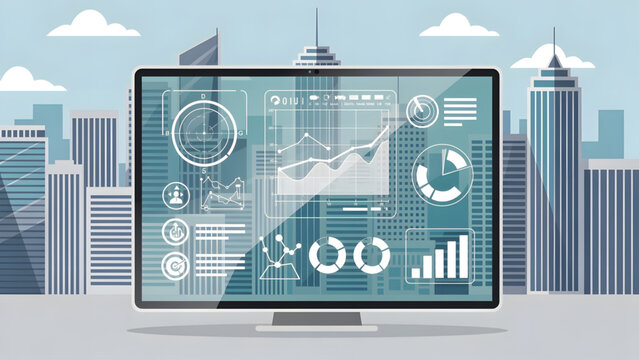 futuristic transparent digital screen with business charts and city skyline background