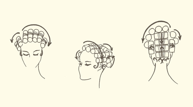 Three views of a woman's head with hair styled in curlers beauty parlor closed eyes different angles line art beauty icon hairstyle portrait illustration haircare personal preparation