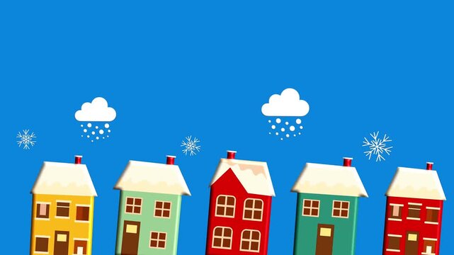 Winter houses with snow covered roofs on a blue background with clouds and snowflakes.