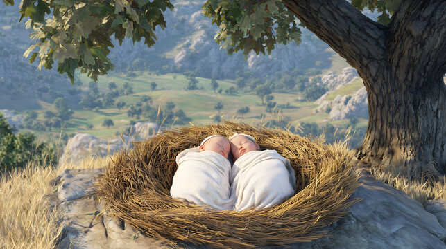 Biblical Illustration of Esau and Jacob as Newborn Twin Brothers in the Old Testament Story