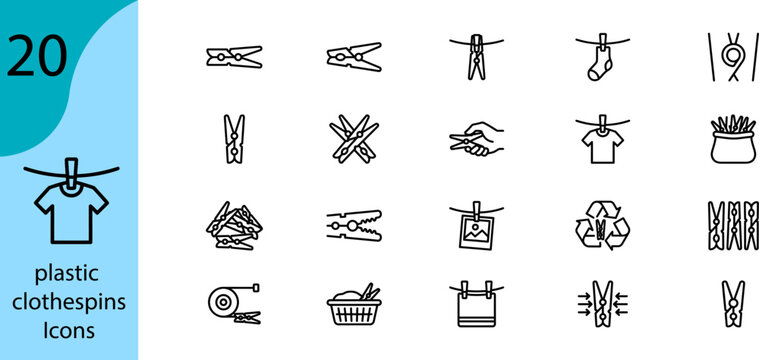 Clothespins and clothes pegs line icon set. Laundry drying on clothesline symbols, household washing hanging items, laundry basket, and recycling peg vector outline illustrations.
