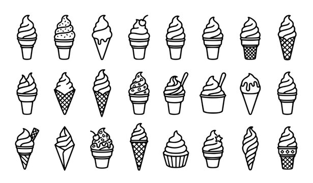 A clean minimal vector illustration set of ice cream icons displayed in a balanced grid on a solid white background. The collection includes ice cream cone, soft serve swirl, scoop cup, vanilla desser