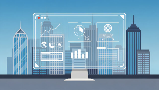 transparent digital dashboard with data charts on city skyline background in blue tones
