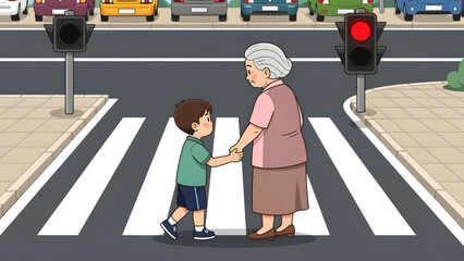 Ilustración de un niño ayudando a un anciano ciego a cruzar la calle ...