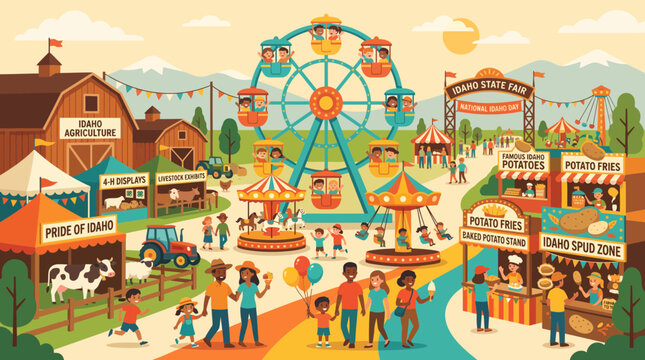 Vibrant Illustration of a Busy State Fair with Carnival Rides