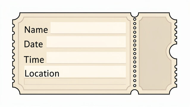 blank beige event ticket with perforated edges and labeled fields for name and date