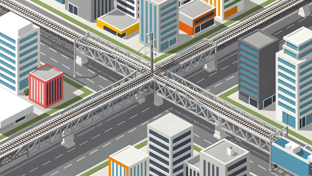 isometric city intersection with gray roads steel railway bridges and modern skyscrapers