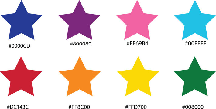 Colorful star icons with hex color codes, set of 8 vibrant star shapes in vector format, rainbow palette graphic elements for web design and branding