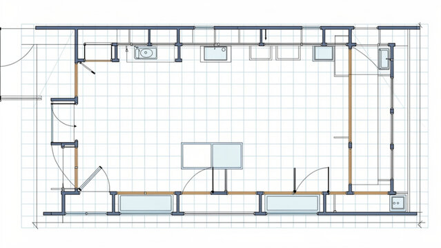modern office floor plan blueprint with white grid black walls and glass partitions layout