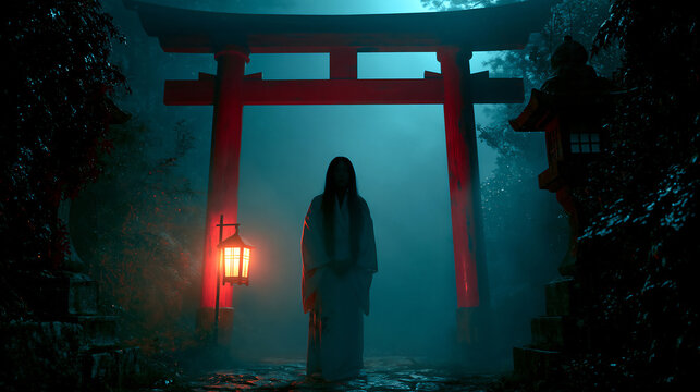 Mysterious ghost woman standing before red torii gate in misty forest at night with lantern, Japanese supernatural horror