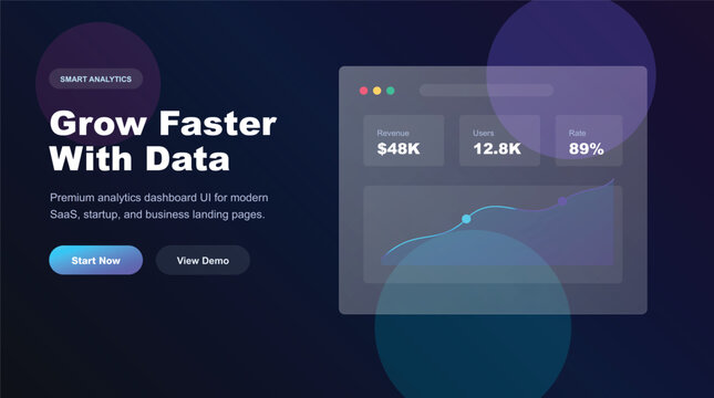 Modern SaaS analytics dashboard landing page, dark UI data visualization interface, business growth statistics website hero banner vector