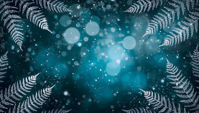 Elegant silver fern leaves framing a magical teal bokeh background