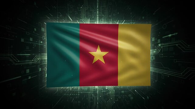 cameroon flag waving in digital circuitry background
