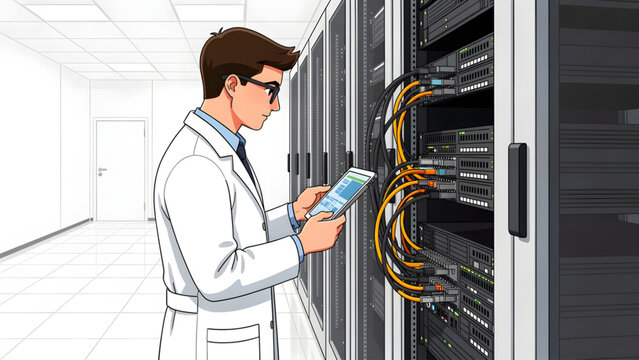technician in white coat checking server racks with network cables in modern data center