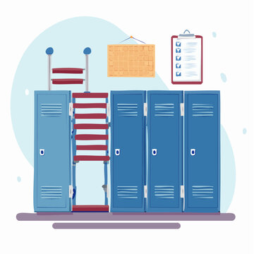 Row of Blue Lockers with Ladder and Clipboard