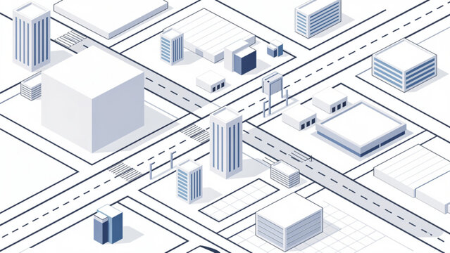 isometric cityscape with white and gray buildings and intersecting streets in modern style