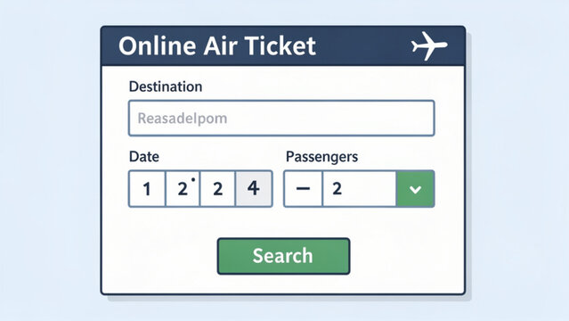 online air ticket booking form with blue header and green search button on white background