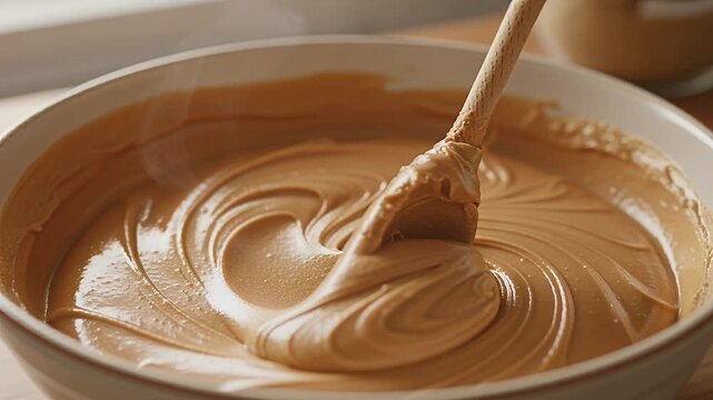 peanut butter swirl close-up, creamy spread stirred in bowl