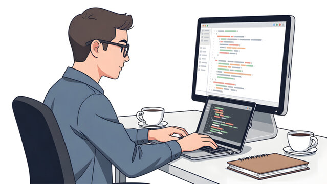 young man coding on laptop and desktop white office workspace with coffee cups and notebook