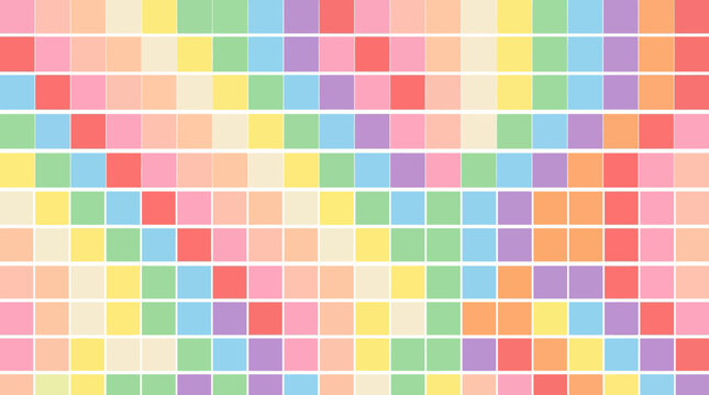 Abstract pastel mosaic of colorful square tiles arranged in diagonal stripes, geometric grid pattern