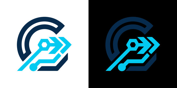 Abstract circular 'G' logo with integrated electronic circuit board and arrow motif, suitable for technology companies