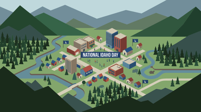 National Idaho Day Isometric Vector Illustration of Mountain Town