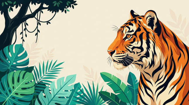 International Tiger Day Majestic tiger in lush tropical jungle foliage, evoking wild nature and exotic adventure
